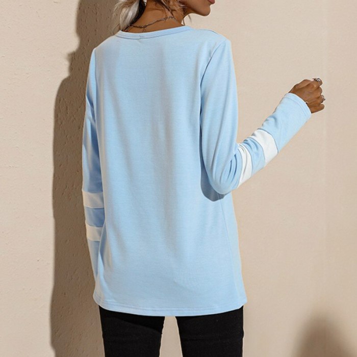 Women's Fashion Color Striped Knot T-Shirt Spring Autumn Round Neck Casual Top Long Sleeve Sweater Tops