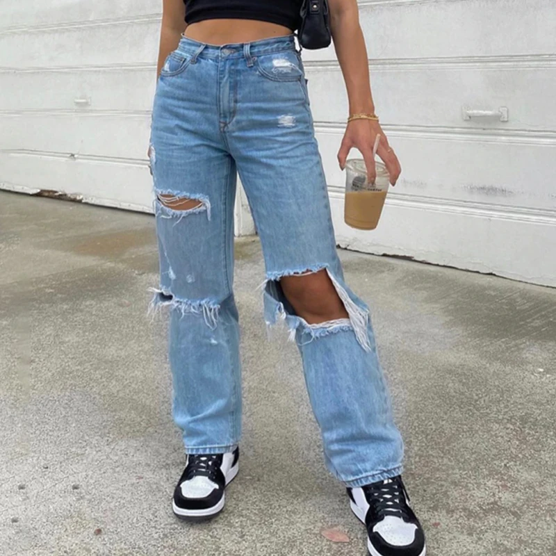 Women's Jeans Y2K Loose Fit Pants 2021 Fashion Ripped Wide Leg jean for girls High Waist Wash Trousers Summer Baggy Streetwear