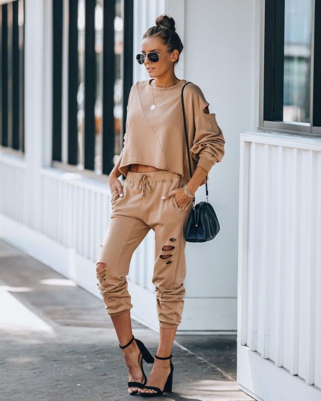 New Women's Suit Fashion Spring/Autumn Suit Long Sleeve Stitching Ripped Trousers Sports Women's Suit