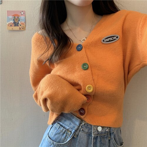 Cardigans Women Sweater V-Neck Knitted Colorful Buttons Crop Top Sweet Korean Style Womens Elegant Fashionable Spring Autumn New