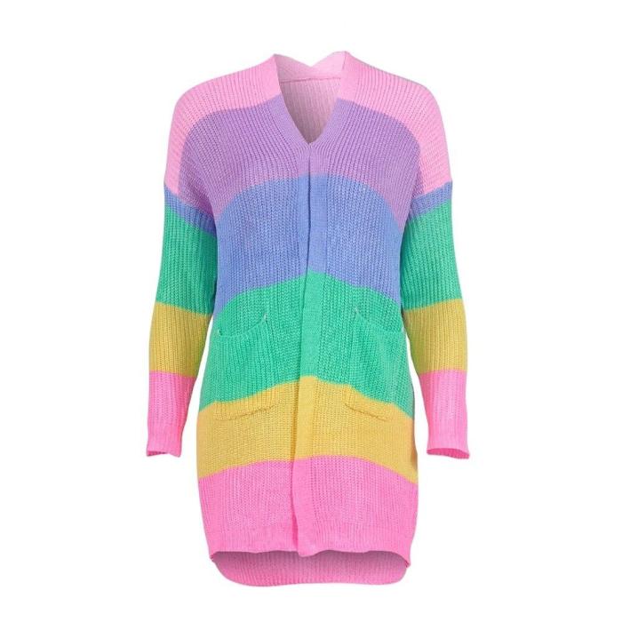 Plus Size Cardigan Womens Patchwork Long Sleeve Rainbow Stripe Cardigan Tops Sweater Coat Winter Sweater Women Кофта Женская#N-5