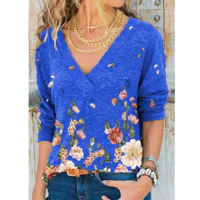 Women's V-neck Flower Print Long-sleeve Casual Loose T-shirt
