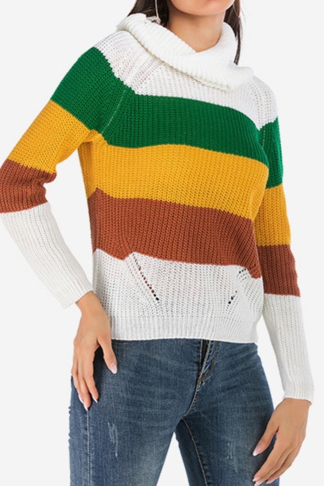 Women's Clothing 2021 Autumn New Europe & America Striped Colour Clashing Stacked Collars Turtleneck Women Long Sleeves Knitwear