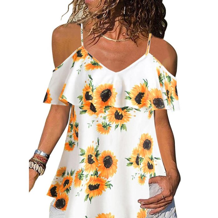 New Sunflowers Printed Strap Blouses Women Plus Size Summer Beach Ruffles Casual Shirts White Red Off Shoulder Tops Blusas XXXL