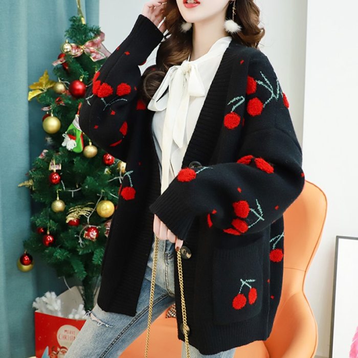 Fruit Cherry Embroidery Knitted Cardigan V Neck Oversize Sweater