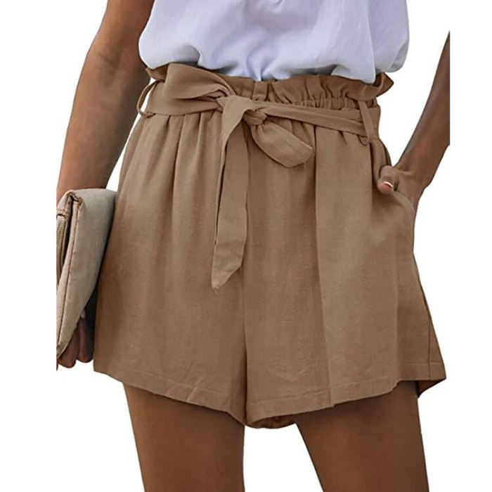 High Waist Shorts Women Elastic Tie Fold Paper Bag Belt Wide-Leg Shorts Summer Casual Pockets Loose Solid Color Slim Short 2021