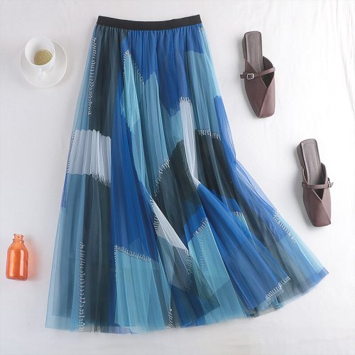 Spring New Big Swing Skirt High Waist Thin Double-Layer Mesh Skirt Female Mid-Length A-Line Pleated Skirt 767