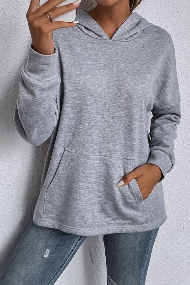 Women Fashion O-neck Solid Color Hood Pocket Long Sleeves Sweater Tops