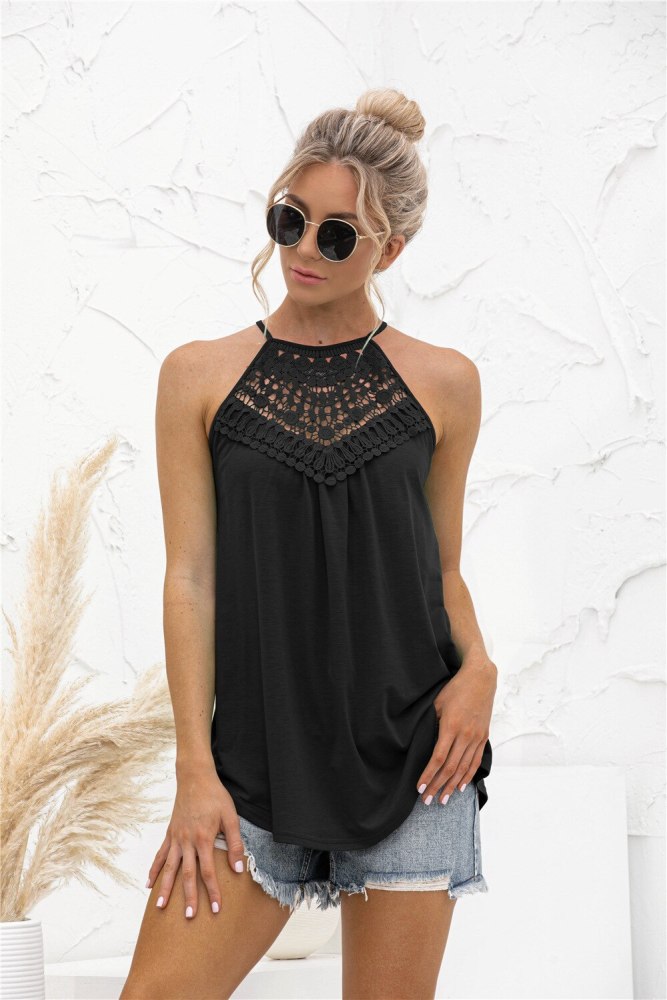 Women's Sexy Off Shoulder Halter Vest Fashion Summer Ladies Casual Loose Sleeveless Solid Color O Neck Lace Patchwork Tops