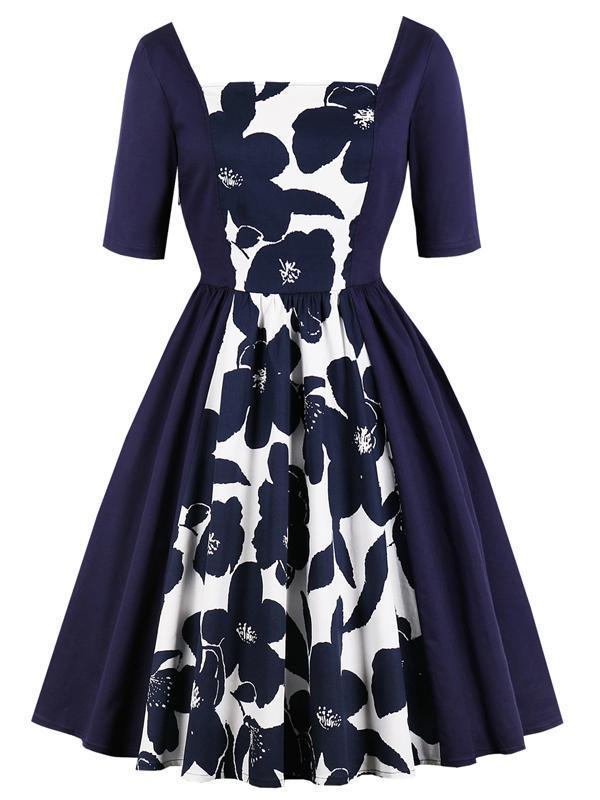 Women's Floral Print Square Collar Vintage Dress