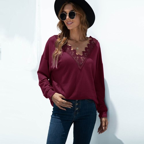 New Women Lace Patchwork See Through V-neck Loose T-shirt Sexy Long Sleeve Solid Tee shirt Autumn Winter Casual Black Pullovers