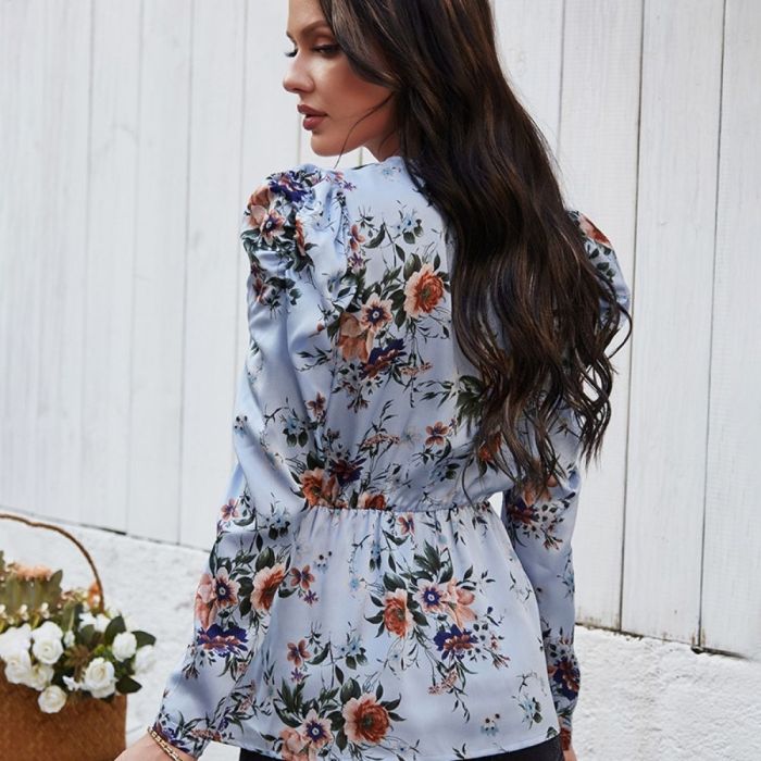 Spring Autumn 2022 Floral Print Long Sleeve Shirt Casual V-neck Folds Women's Top Mujer Looose Waist