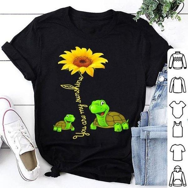 Sunflower Turtle Printed Funny Short Sleeve Round Neck Summer T-shirt Top