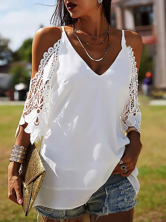 Sexy Embroidery Hollow Out 3/4 Sleeve Blouse Casual Off Shoulder Backless Shirts Pullover Women Elegant V Neck Sling Tops