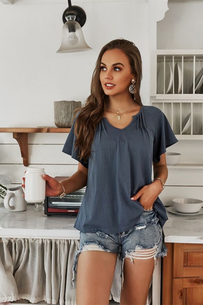 Women's Solid Color Cotton Short Sleeve T-Shirt Loose Folds Splicing Pullove Home Casual Summer Clother For Women 2022