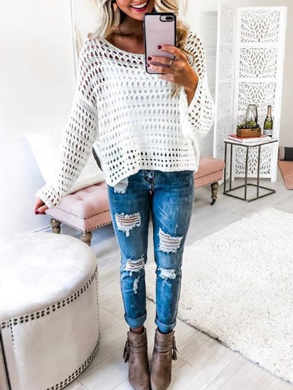 White Long Sleeve Hollow Blouses&Shirts Tops