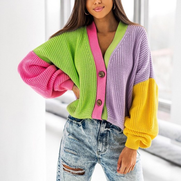 Sexy V Neck Button Women's Cardigan Tops Casual Colorful Patchwork Loose Knit Sweater Autumn Winter Long Sleeve Knitted Sweaters