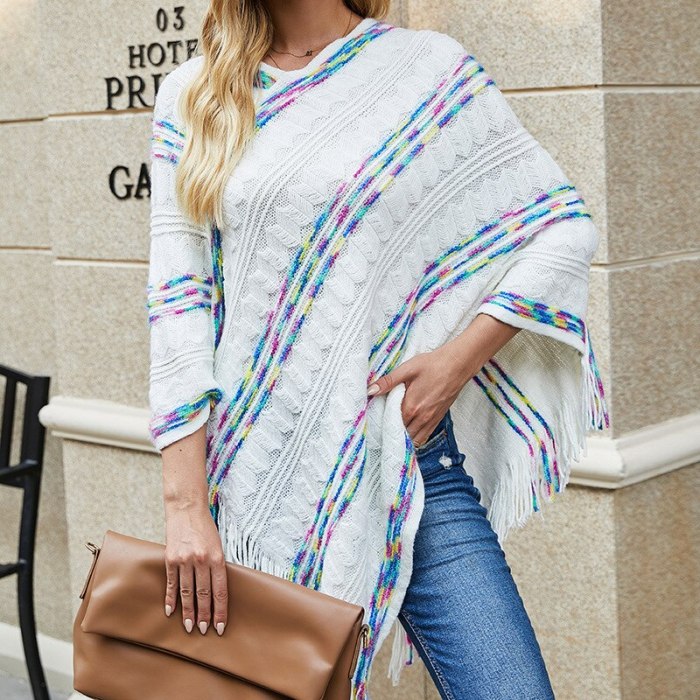 2021 autumn and winter Europe and the United States loose plus size sweater rainbow striped scarf fringed cloak shawl women