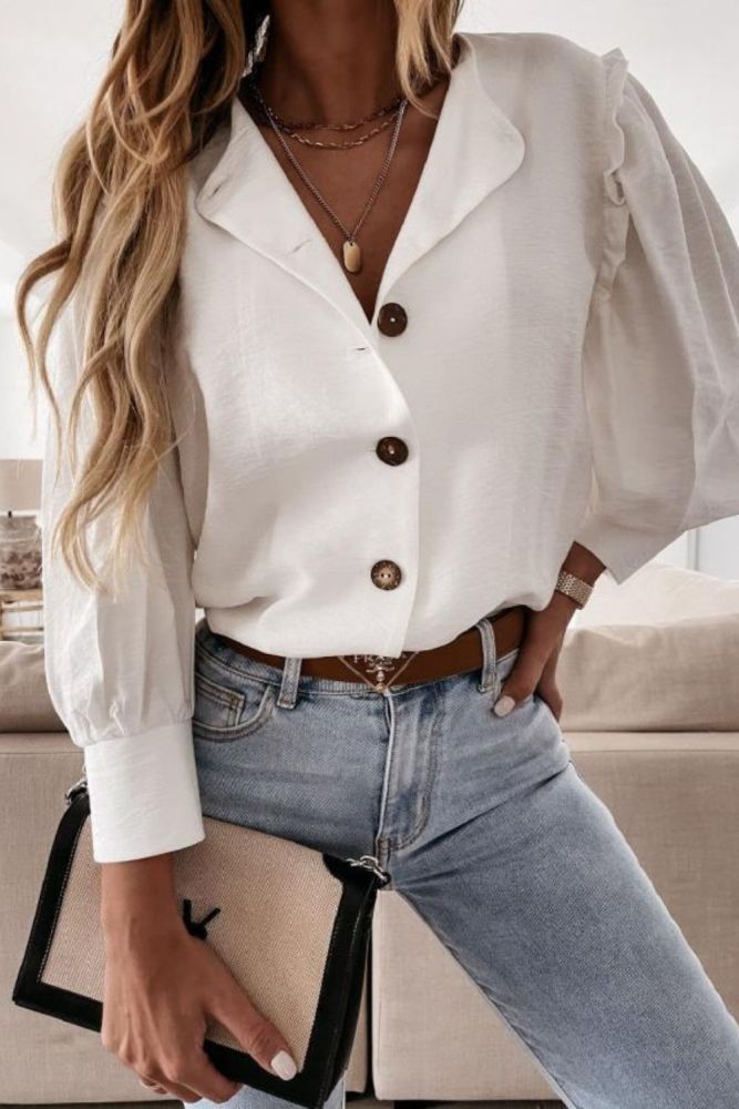 Elegant Solid Long Sleeve Ruffle Shirt Women Sexy V-Neck Button Blouse Office Lady Fashion Casual Loose Spring Summer Tops Blusa