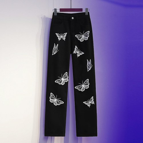2021 New Fashion Butterfly Print Straight Jeans Women's Large Waist Wide Lleg Street Style Black Jeans For Girl