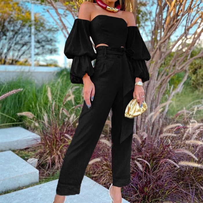 2021 Women Long Sleeve Solid Cotton Linen Off Shoulder Top Fashion Sexy Casual Pants Two Piece Set