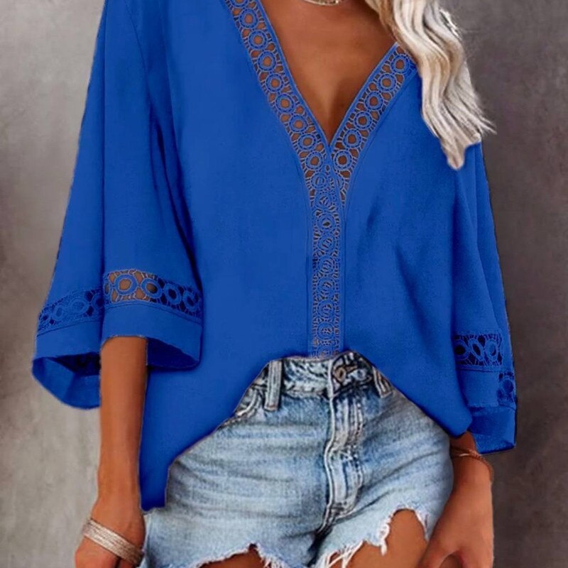 Casual Loose Pure Color Pullover Flared Sleeves Blouses Femme 2021 New V-Neck Hollow Lace Stitching Shirt Female Blusas Mujer