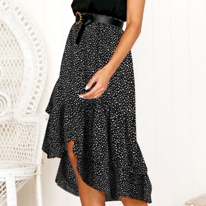 2021 Fashion High Waist Flounce Beach Women Skirts Polka Dot Feminino Summer Skirts Ruffles Asymmetrical Elegant Midi Skirt