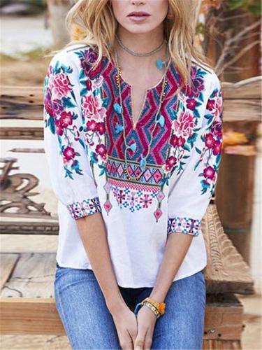 Ethnic Style Embroidered V-Neck Top