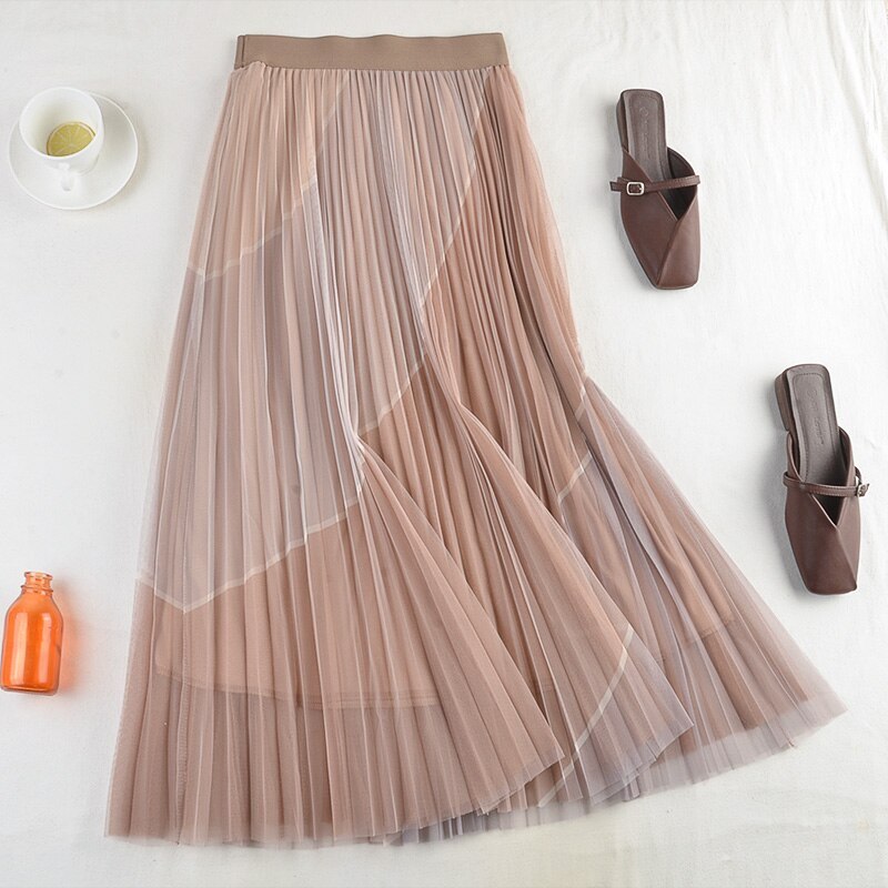 New High-Waisted Thin Elastic Waist Pleated Double-Layer Mesh Contrast Stitching Mid-Length Skirt Early Spring Female 542