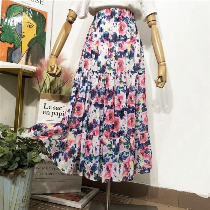 Summer Sweet Bright Floral Printed Boho Maxi Long Chiffon Skirts Patchwork Flared A-line Casual Beach Chiffon Ankle Long Skirts