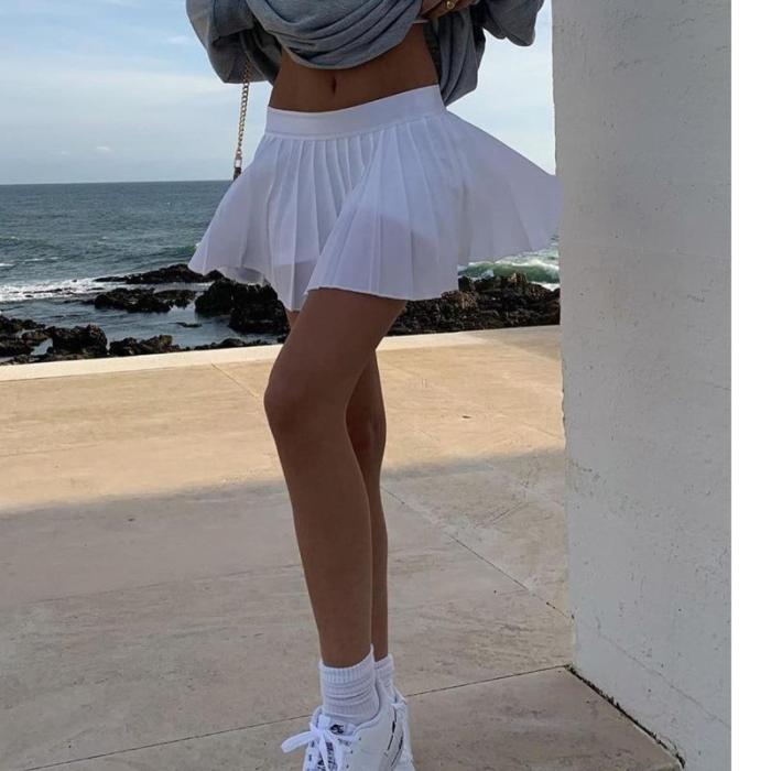 Women White Skirts Tenny Skirt A-line High Waist Mini Tennis Skort Ruffle Casual Skirt Womens Summer Overall Skirt Mujer Faldas