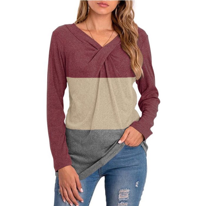 Color Block Women Long Sleeve Cotton Tshirts Casual New Autumn Top V-Neck Patchwork T shirt Autumn New Tops For Women 2021