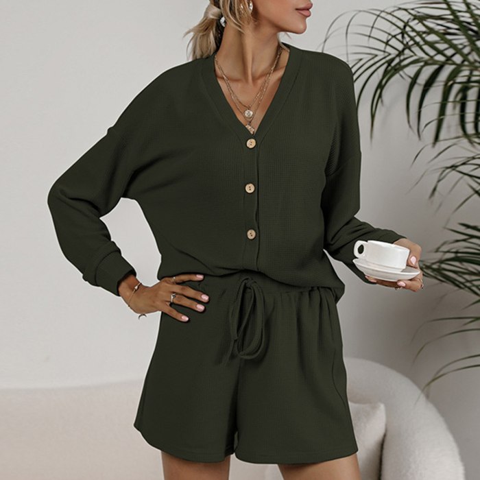 Women Long Sleeve Blouse and Shorts Set V Neck Buttoned Tops Elastic Drawstring Waist Suit Lounging Home Loose Casual 2PCS Kit