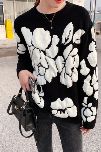 Winter Floral Print Sweater Women Knitted Pullover