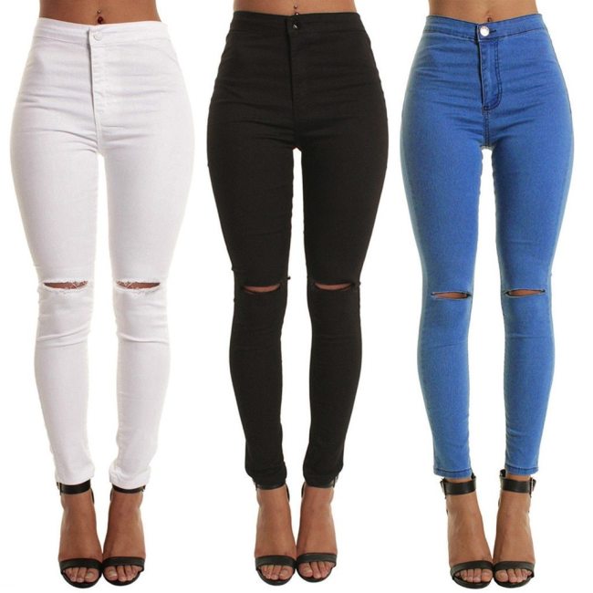 Sexy women's Casual Slim Solid Hole Long Jeans Ladies Spring Autumn Zippers Skinny Pants Daily Trousers calca jeans feminina