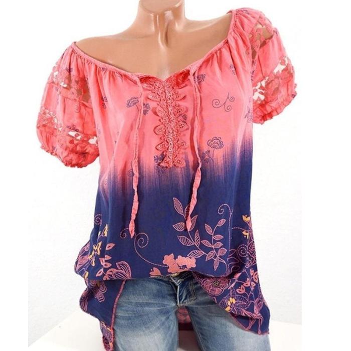 Women Floral Printed Lace Short Sleeve V-neck Blouse T-shirt Tops
