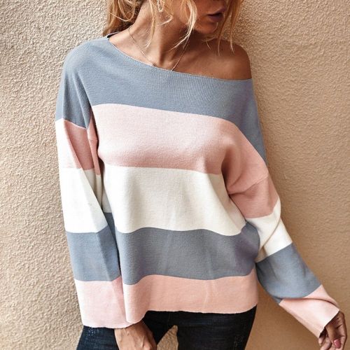 Women Blouses Off Shoulder Tops Striped Print Pullover Jumper Casual Knitted Top Long Sleeve Blouse Knitted 2022