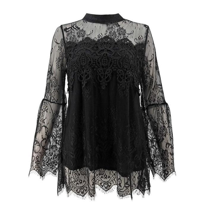 Stand Collar Long Sleeve Irregular Lace Blouses