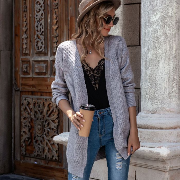 Women's Solid Color Knitted Cardigan Long Sleeve Mid-length Sweater Women 2021 Loose Casual Knit Coat