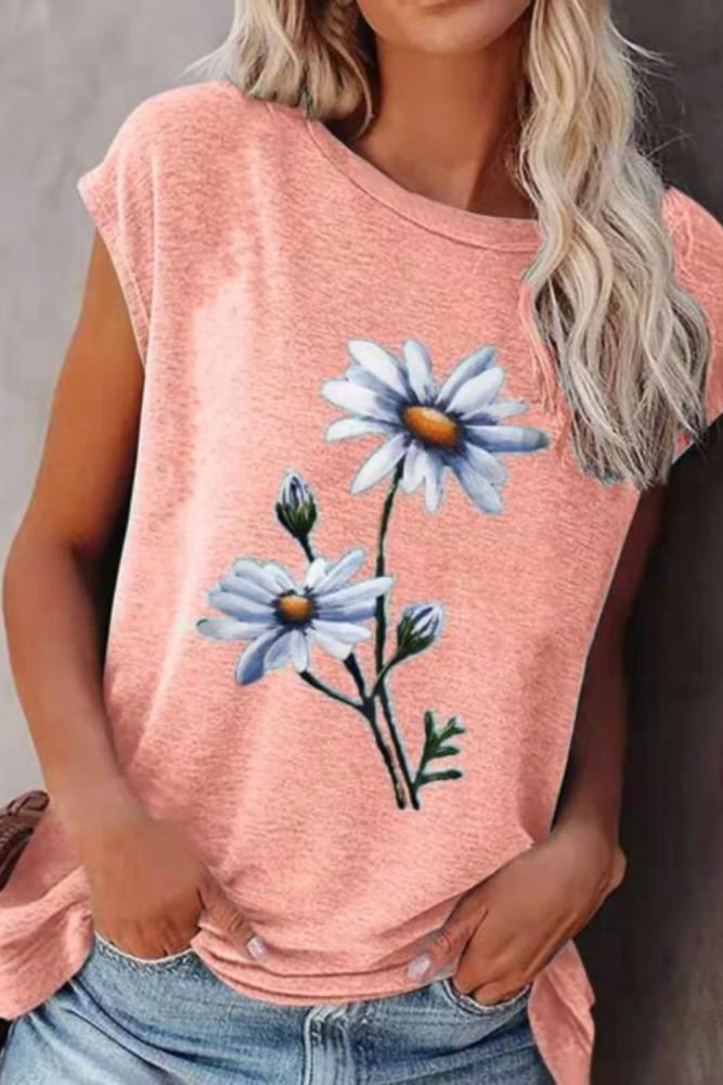 2021 Summer Tee Shirt Women Round Neck Short Sleeve Casual Flower Print Vintage Tops Pullover Female Elegant Streetwear T-shirts