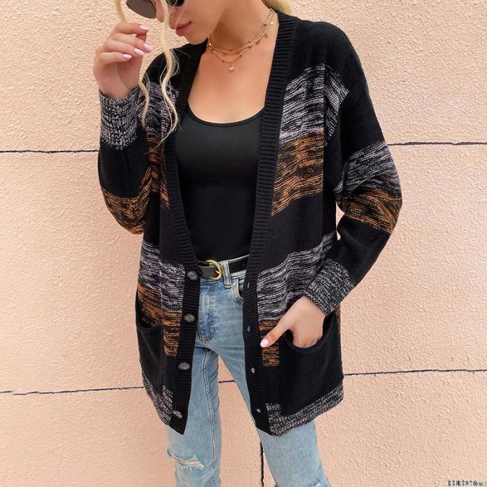 Women's Autumn And Winter Knitted Sweater Hit Color Single-breasted Loose Casual Knitted Cardigan Sweater