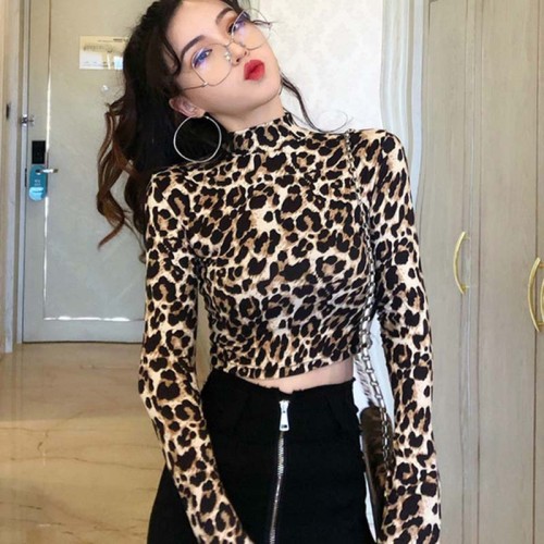 2022 New Fashion Sexy High Street Ladies Zebra Leopard Animal Print Shirts Women Turtleneck Long Sleeve Stretch Zebra Female Top