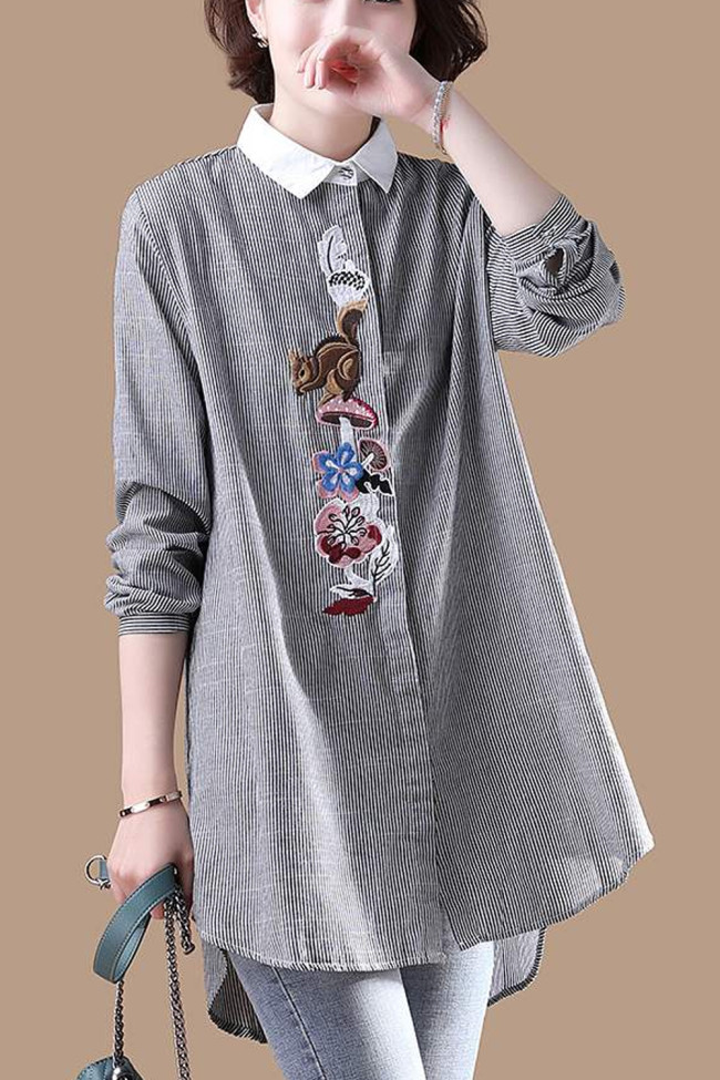 Women Long Shirt Blouse Striped Embroidery Ladies Office Shirt