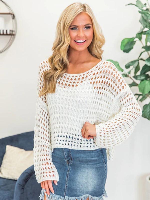 White Long Sleeve Hollow Blouses&Shirts Tops