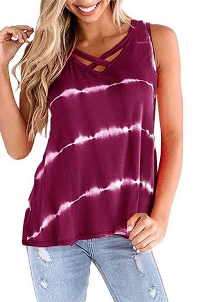2021 New Summer Top Women Short Sleeve Printed Tops Women's Fashion Casual V-neck Top Cross Strap Sleeveless Loose Tank Top