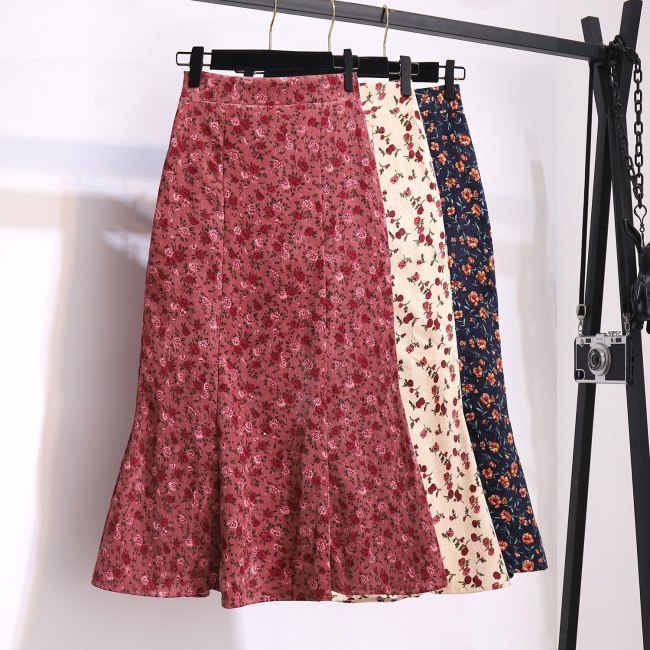 Retro Floral Mermaid Skirt A-line Package Hip New Mid-length Corduroy Skirt Spring and Autumn Women's Three Large Size Trend