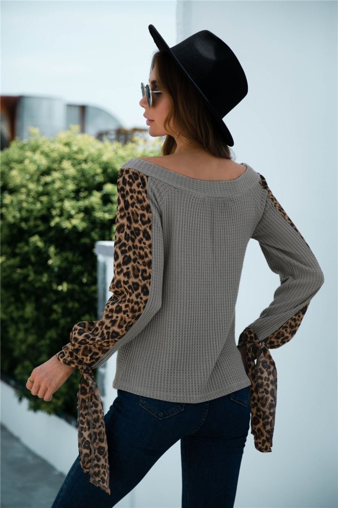 Women Knitted Sexy Leopard Patchwork Bandage Long-Sleeved T-Shirt Top 2021 Fall Fashion Off Shoulder Harajuku Vintage Streetwear
