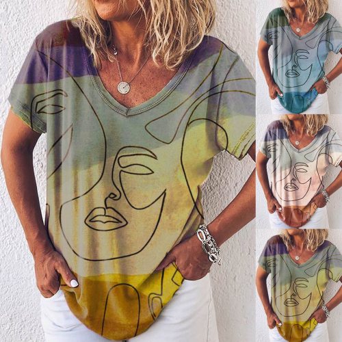 Summer Women's Gradient T-shirt Tops Tie-dye Printing V-neck T-shirt Casual and Comfortable Summer Tops