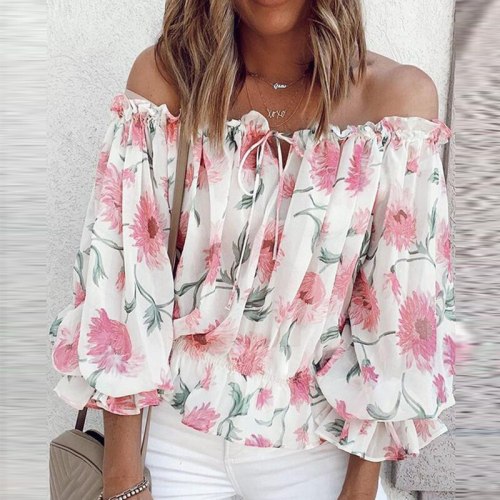 Elegant Floral Print Blouse Shirts Women 2021 Summer Sexy Slash Neck Pullover Tops Lady Casual Loose Lantern Long Sleeve Blusa