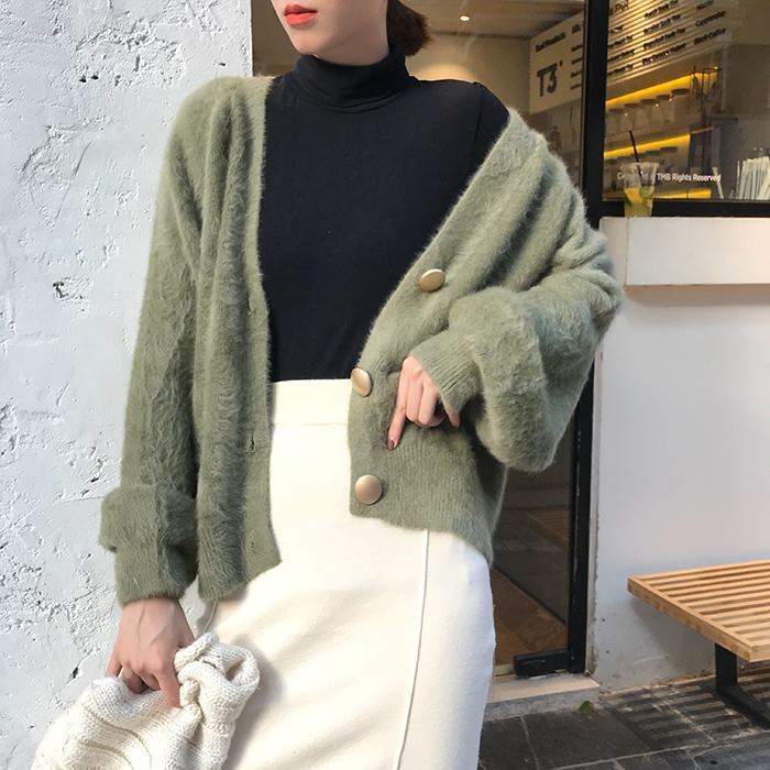 Cardigan sweater women 2021 autumn and winter new Korean version of the lazy V-neck knitted jacket imitation mink loose sweater